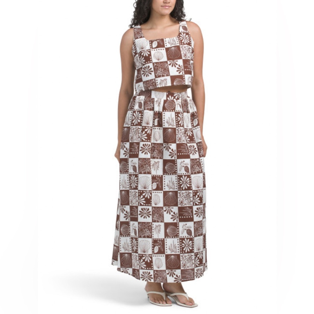 100% Cotton Brown and White Print Maxi Skirt And Top Co-ord Set - NEW